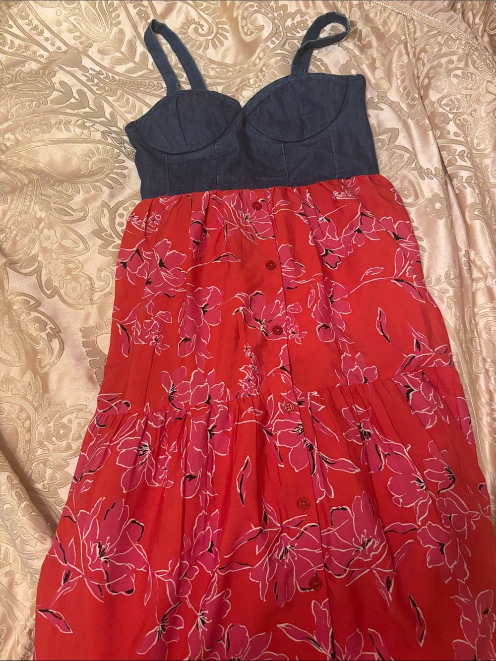 Denim Bodice Red Floral Sundress